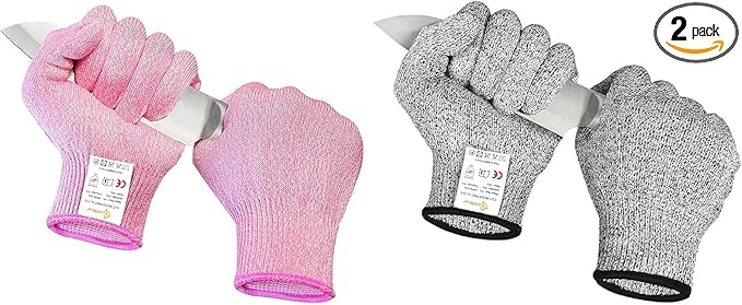 Evridwear Cut Resistant Gloves Food Grade Level 5 Kitchen Safety Protection (Medium, Pink+Gray)