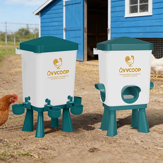 Automatic Chicken Feeder and Waterer Set, Poultry Feeding Equipment for Duck Turkey, Chicken Coop Accessories, Standing/Hanging Use, 3 Gallon Set, Blue