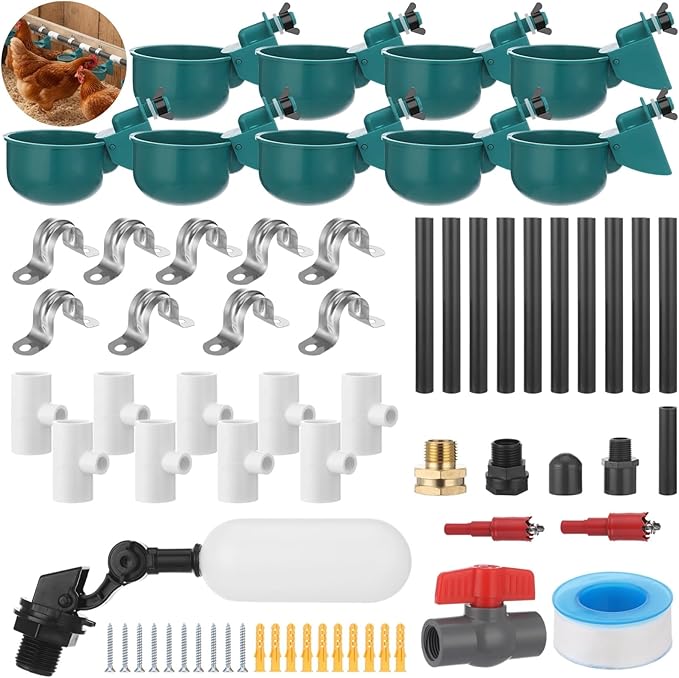 Complete Automatic Chicken Waterer System Kit, Includes 9 Chicken Water Cups, PVC Pipe, T-Joints, Float Valve, Poultry Watering, DIY Chicken Water Feeder for Broiler, Duck, Goose, Farm Birds
