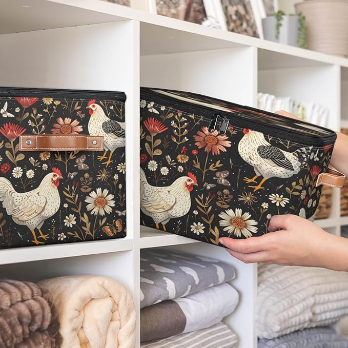 Farmhouse Chicken Storage Bins with Lids, Boho Wildflower Fabric Storage Boxes with Zipper, Collapsible Decorative Closet Organizer Cube for Clothes, Toys, Organizing, Shelves