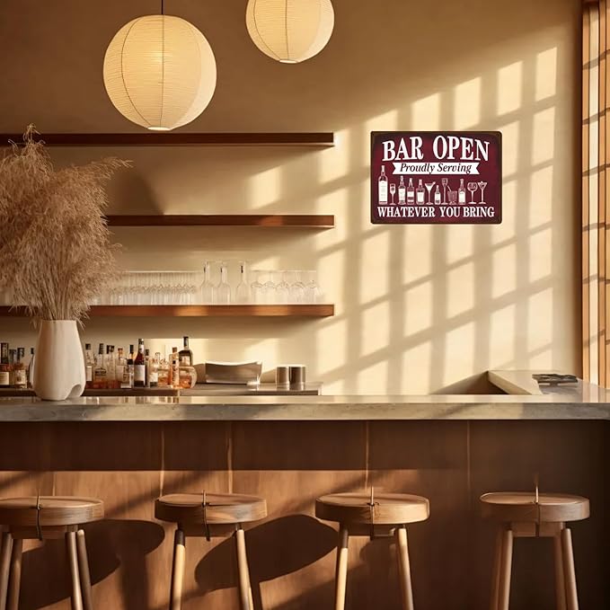Vintage Metal Sign Bar Open Proudly Serving Whatever You Bring Beer Tin Sign Wall Decor for Kitchen Living Room Pub Cafe Bar 12×8 Inch