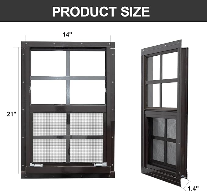NeatiEase 2 Pack Shed Windows with Black Frame, 14x21 Flush Mount Small Window with Tempered Glass and Fiberglass Screen for Shed, Chicken Coop, Playhouse, Household, Garage (Brown)