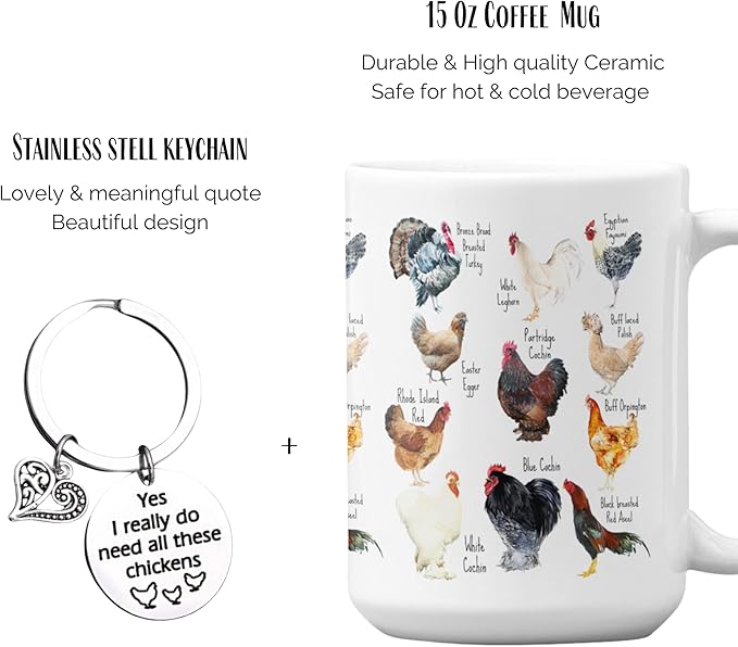 Vivulla68 Breeds of Chicken Coffee Mug 15Oz With Keychain, Chicken Gifts For Chicken Lovers, Chicken Mom Stuffs, Chicken Coffee Cup For Women, Chicken Themed Gifts, Chicken Lady Gifts
