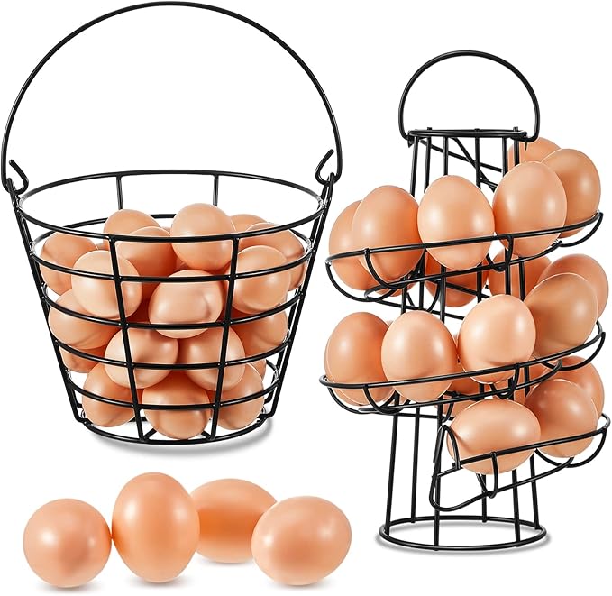 Zubebe 2 Pcs Egg Basket Storage, Spiral Fresh Egg Collecting Holder Countertop Metal Wire Rack Functional Dispenser for Kitchen Display(9.4'',handle Style)