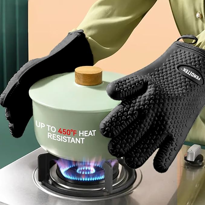 Silicone BBQ Cooking Gloves with Meat Smoker Guide，Heat Resistant Oven Mitts with Fingers，Long Protective Cotton Lined Barbecue Grilling Gloves 1 Pair for Kitchen, Cooking, and Baking Gifts (Black)
