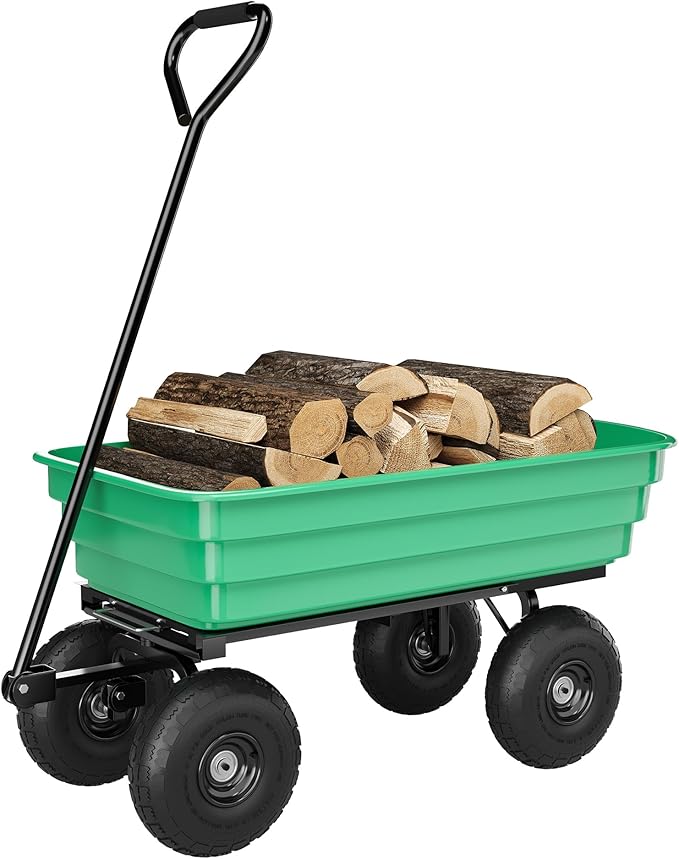 Heavy Duty Garden Dump Cart 1200 lbs, 6 Cu.Ft. Yard Wagon with 13" All-Terrain Wheels, Quick-Release Tipping, Pivoting Handle for Gardening, Lawns, Farms – Green Bucket + Black Iron Handle |