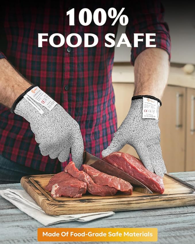Evridwear Cutting Gloves Level 5 Cut Resistant, Food Safe Gloves with Non-Slip Grip for Kitchen, Meat Cutting & Mandoline Use, 2 Pairs(S, Gray+Gray)