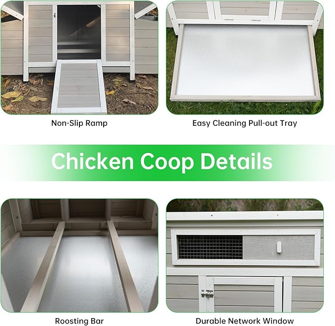 Chicken Coop, 58" Wooden Chicken Coop with 2 Sides Large Nesting Boxes for 4-6 Chickens, Poultry Hutch Rabbit Cage with No-Slip Ramp & Pull-Out Tray for Outdoor Farm Yard (White Grey)