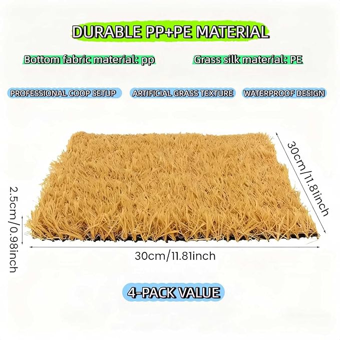 Chicken Nesting Box Pads 4 Pack 12x12 Inch - Waterproof Washable Hen Nesting Pads, Easy Clean Reusable Nest Boxes Liners, Fake Grass Mat Artificial Indoor Turf with Drain Holes