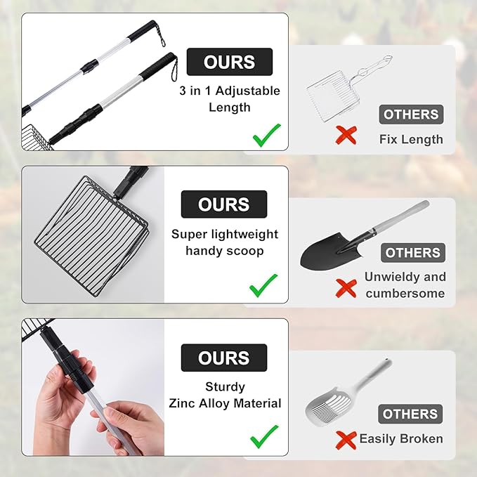 2 Pack Chicken Poop Scooper, 3 in 1 Stretchable Chicken Coop Accessories (22.4 to 41.9 Inch), Metal Sifting Shovel for Chicken Coop Cleaning Tools Separating Poo and Debris from Sand