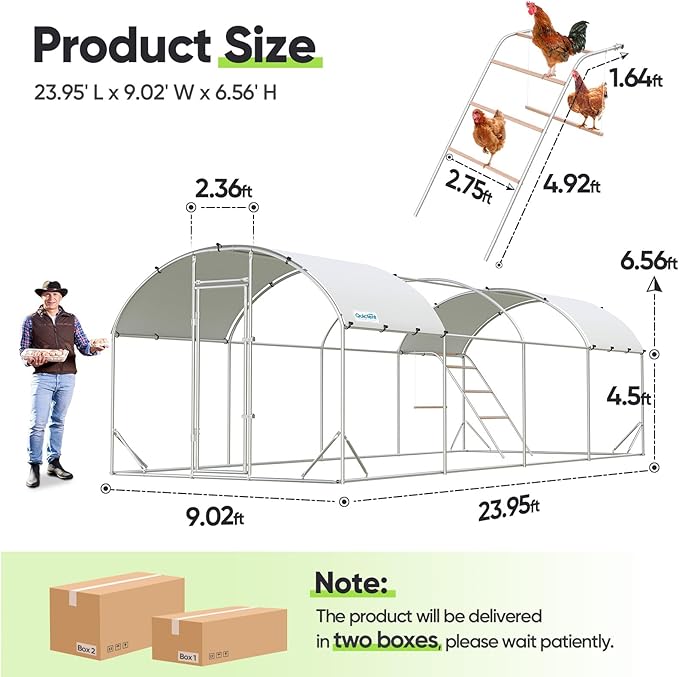 Quictent Essential Series 24x9x6.6ft Metal Chicken Coop Run with Climbing Ladder, Walk-in Outdoor Poultry Cage with PVC Coated Chicken Wire, Hen Duck Rabbit Farm House, Waterproof Anti-UV Cover