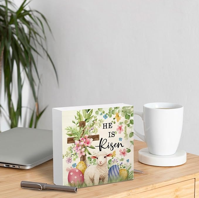 He Is Risen Easter Christian Lamb Wooden Box Sign Desk Decor, Spring Floral Cross Easter Sheep Egg Wood Signs for Bedroom Home Office Desk Table Shelf Decorations, 5x5 Inch