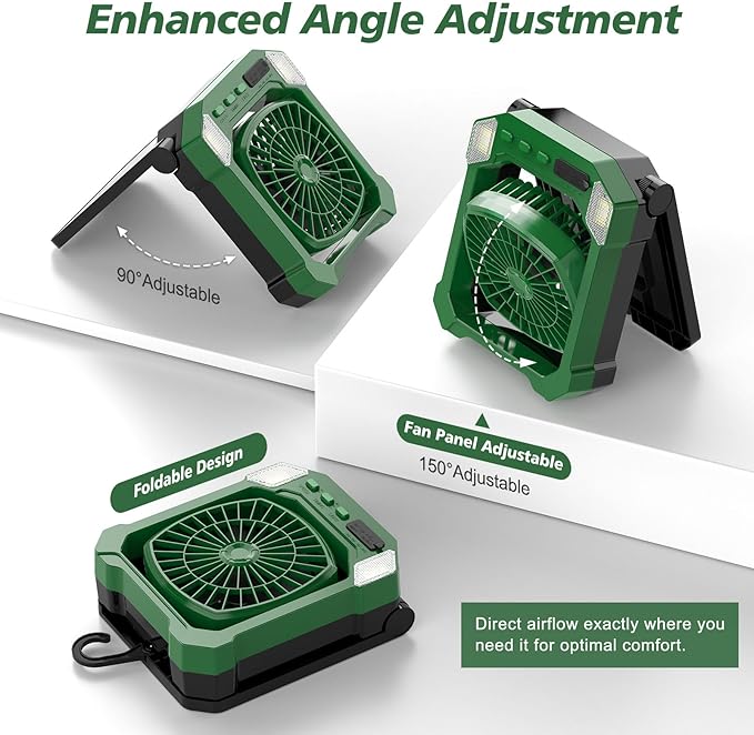 Camping Fan Battery Powered & Solar Powered, Portable Solar Fan 10000mAh Rechargeable Outdoor Fans with Light, Quiet Cordless Fans for Tent, RV, Emergency, Hiking, Power Outage, Desk, Survival Kit