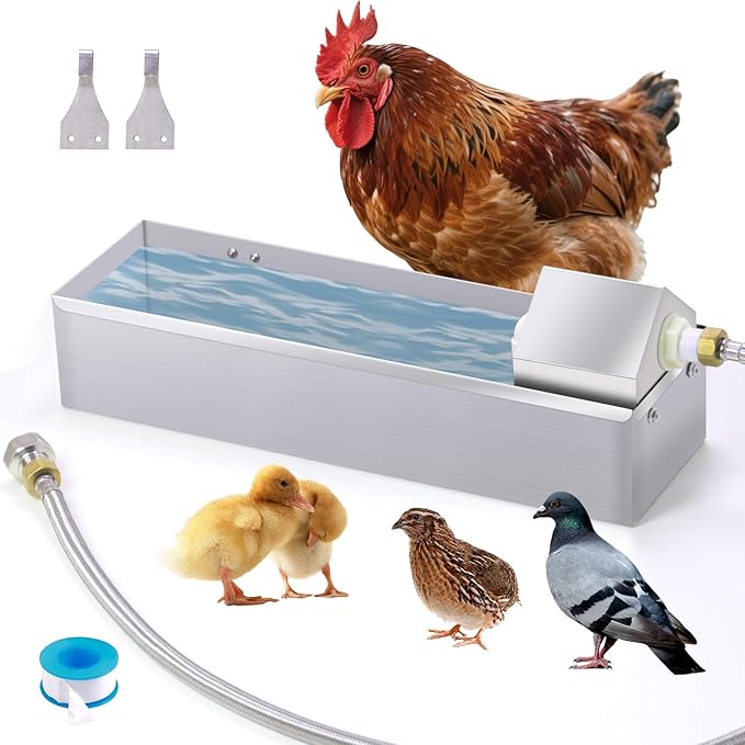 Automatic Chicken Waterer Dispenser 1 Gallon Large Stainless Metal Poultry Waterer Feeder Hanging Chicken Watering System with Float Valve Hose Kit for Pigeon Duck Goose Turkeys for Chicken Coop