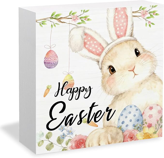 Happy Easter Bunny Wooden Box Sign Desk Decor, Easter Rabbit Decor, Spring Floral Egg Bunny Wood Signs for Bedroom Home Office Desk Table Shelf Decorations, 5x5 Inch