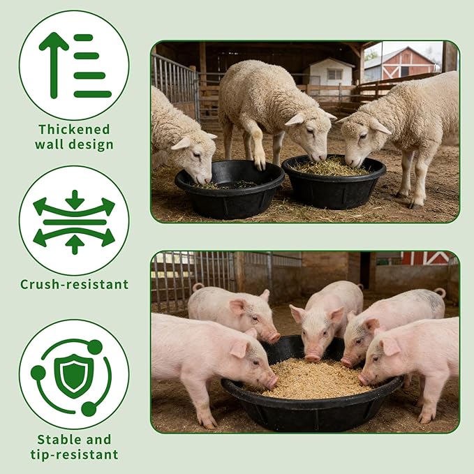 4 Pcs Rubber Feed Pan 3 Gallon and 2 Gallon Horse Feed Bucket Utility Feed Bucket Rubber Bowl Chicken Dust Bath Livestock Water Bowl for Pig Goat Chicken Dogs Farm Small Animal