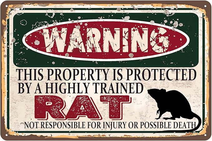 Vintage Rat Metal Sign， Warning this property is protected bY a highly trained Rat Sign Funny Tin Signs 12x8 Inch