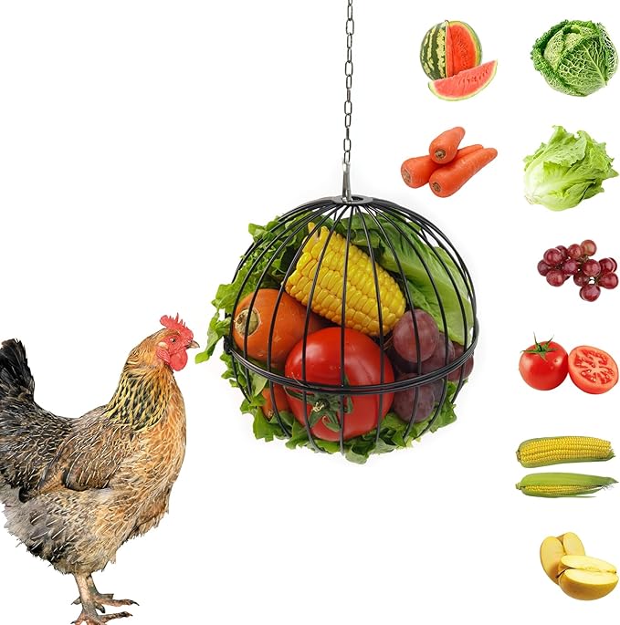 Hanging Chicken Feeder - 7.1 Inch Large Iron Chicken Veggie Treat Ball - Sturdy Chicken Treat Holder with 15.7 Inch Hanging Chain - Black