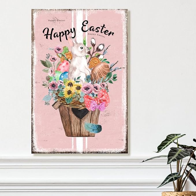 Wood Wall Plaque French Style Floral Pink Stripes Sign Happy Easter Flower Basket Bunny Wood Signs Wall Decor Bunny Rabbit Happy Easter Rustic Signs for Living Room 12x18in