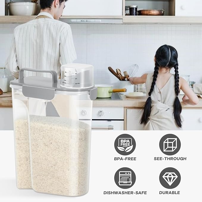 5-7 Lbs Dog Cat Food Storage Container, Portable Travel Pet Food Storage Container with Measuring Cup, Easy-Pouring Bird Seed Dispenser, Airtight Rice Cereal Oatmeal Flour Dispenser -Light Grey