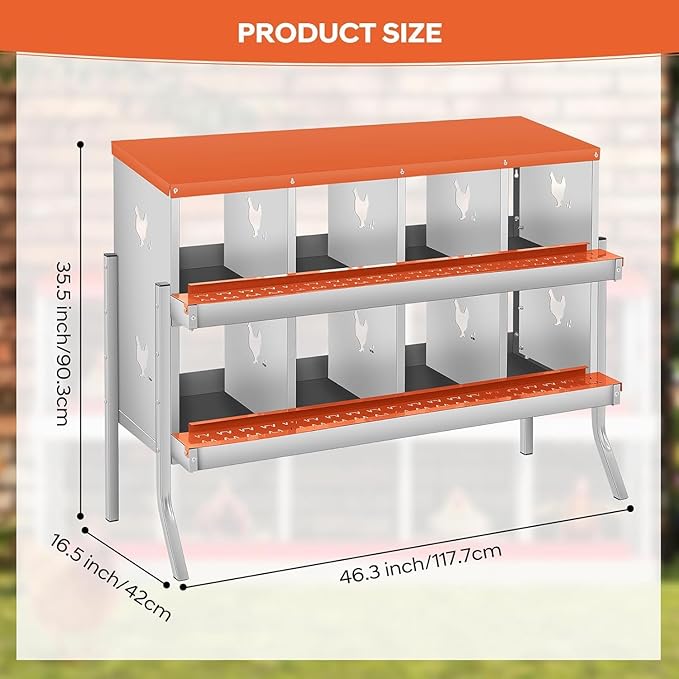 8-Hole Chicken Nesting Box, Rustproof Galvanized Steel, Wall-Mounted Metal Laying Box for Hens, Easy Egg Collection & Cleaning, Roll Away Nest Boxes - Orange