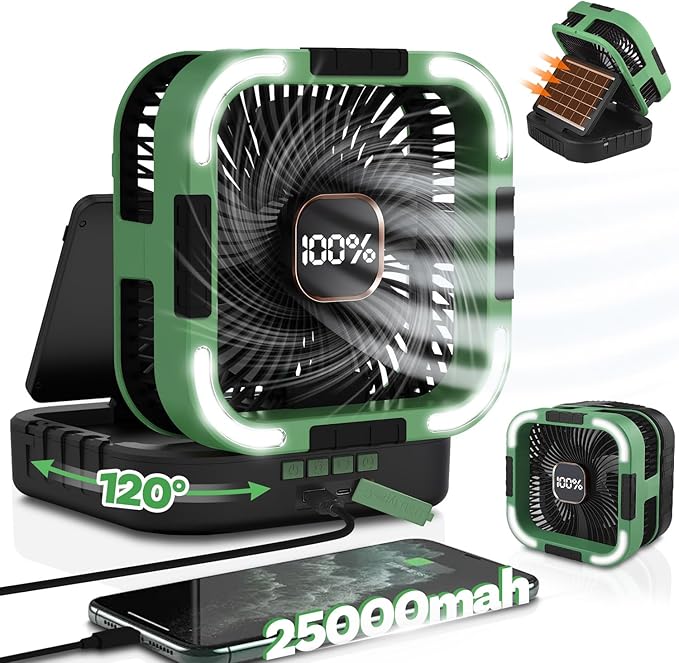 25000mah Camping Solar Fan, 120° Oscillation Rechargeable Solar Powered Fan with LED Light, 6 Adjustable Speeds Battery Powered Portable Fans, USB-C Fans for Travel Tent Camping Accessories