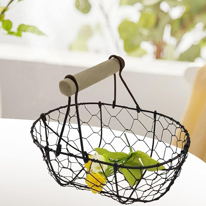 Metal Wire Egg Basket, Iron Storage Basket Farmhouse Kitchen Organizer Rustic Retro Vegetables Basket Oval for Tabletop Home, Black