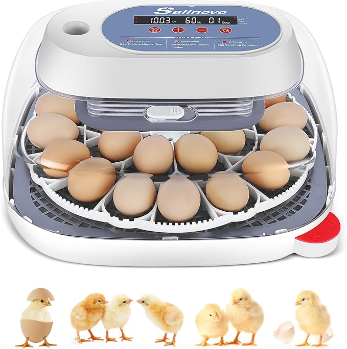 Sailnovo 24 Egg Incubators for Hatching Eggs, 4 Modes Egg Incubator with Automatic Egg Turning and Humidity Display, Egg Candler - 360° View with Clear Window Incubators for Hatching Chicks, Blue