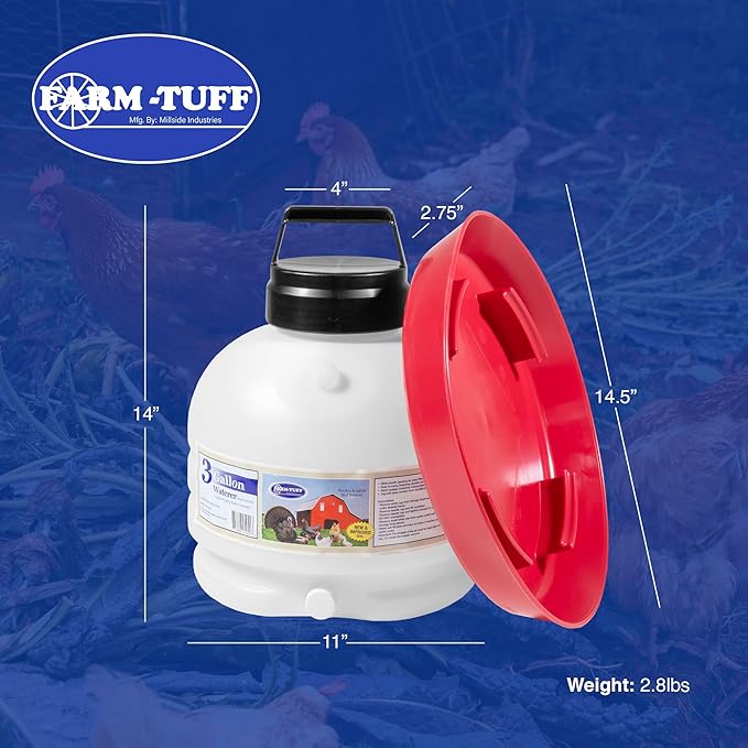 FARM-TUFF Hanging Chicken Waterer, 3 Gallon Capacity - Durable BPA-Free Plastic Poultry Fountain with Top Fill Design - Automatic Water Dispenser for Chickens, Ducks, Turkeys & Game Birds