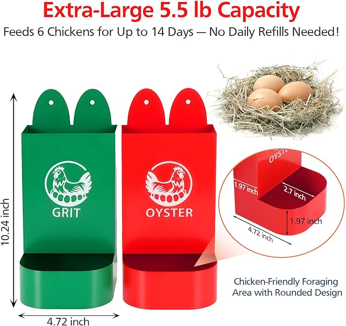2Pack Chicken Grit and Oyster Shell Feeder for Hens – US Patent Pending – Heavy-Duty Metal Chicken Feeder with Rounded Edges – Chicken Coop Accessories Improve Eggshell Quality and Hen Health
