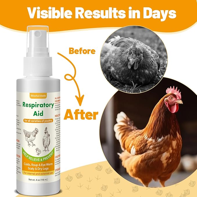 Respiratory Aid for Chicken, Poultry Supplement for Coughing, Sneezing & Nasal Relief, All-Bird Safe Formula, Drinking Water Additive, Dropper & Spray Top Included, 4Oz (118ml) Natural Liquid