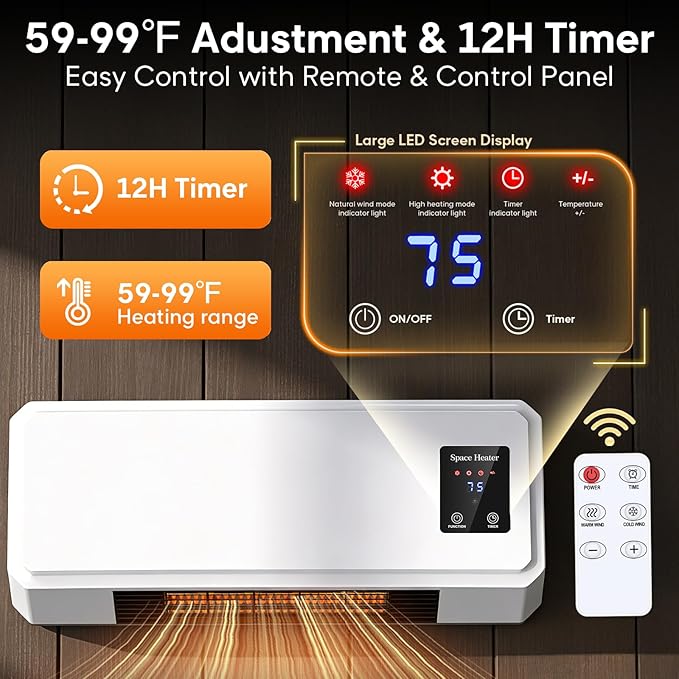 1500W Chicken Coop Heater for Winter, 2 Mode Wall-Mounted Chicken Coop Heater with Thermostat, Timer & Remote Control, 3S Fast Heating & LCD Display, Heat Warmer for Chickens, Ducks, Geese in Winter