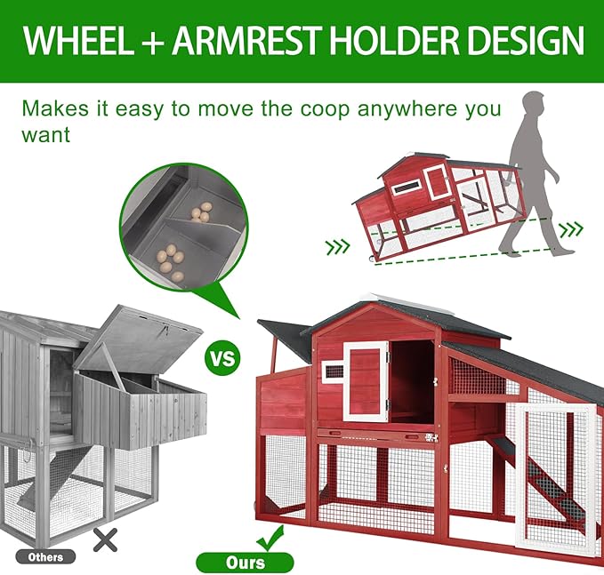 Chicken Coop with Run Mobile Large Nesting Box - Back Yard Wooden Chicken House Outdoor Poultry Cage, UV Proof Asphalt Roof