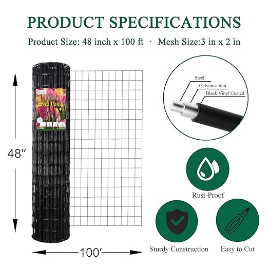 Black PVC Coated Welded Wire Fence 48 Inch x 100 Foot, 2 Inch x 3 Inch 16GA, Garden Border Fencing Roll Vinyl Coating Metal Wire Mesh for Yard Vegetable Plant Protection Poultry Netting