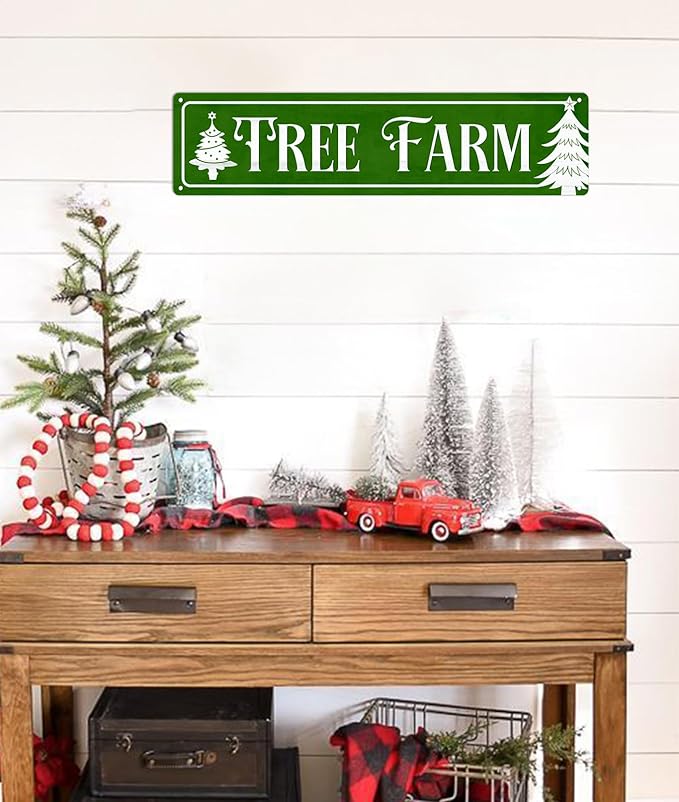 Tree Farm Christmas Metal Sign Vintage Print Art Poster Tin Plaque for Home Farmhouse Kitchen Patio Yard Cafe Bar Front Door Wall Decor 4x16 Inch