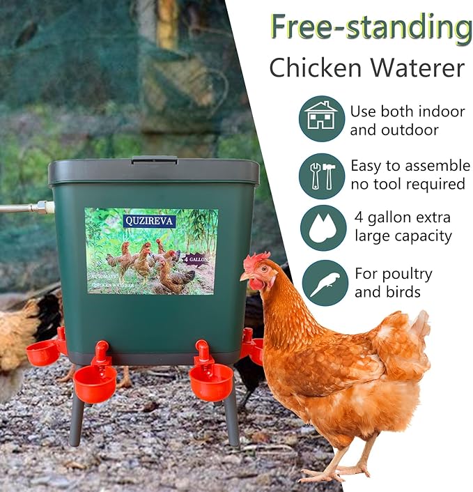 Automatic Chicken Waterer Self-Filling Float Controlled Poultry Water Feeder 4 Gallon Free-Standing Chicken Water Fountain Dispenser Auto Chicken Watering System Pigeon Bird with Hose and Water Cups