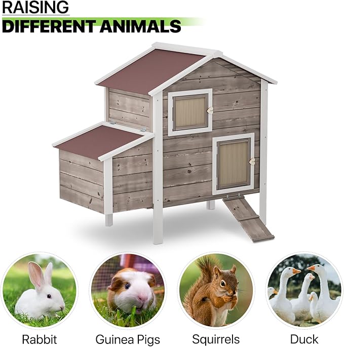 Magshion 46" Large Chicken Coop Rabbit Hutch with 2 Nesting Box, Wooden Raised Hen House with Removable Trays, Outdoor Poultry Cage Pet House with Ramp Run Hen Cage for Garden Backyard