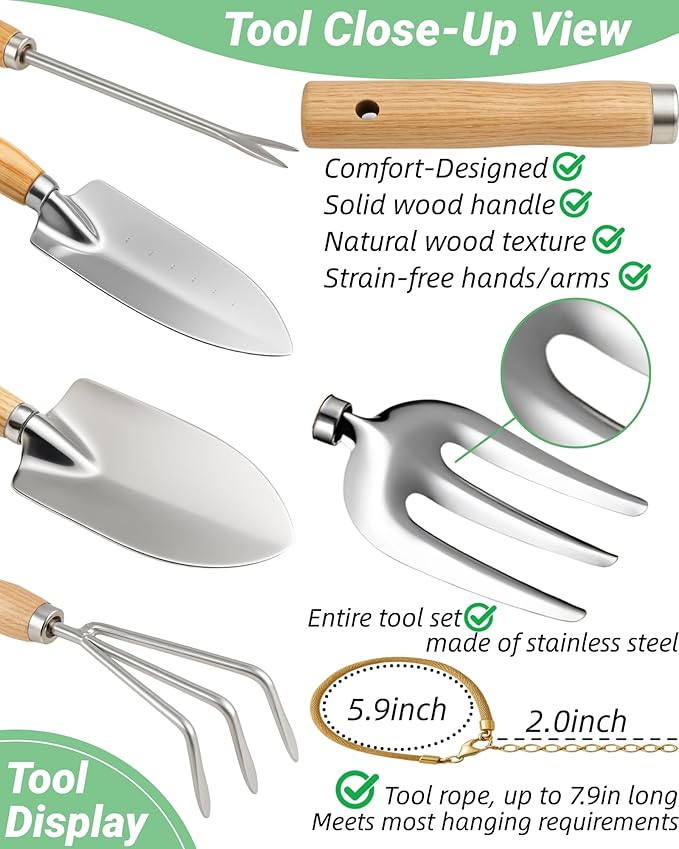 Garden Tool Set, Stainless Steel Gardening Hand Tools, Gardening Supplies Kit, Garden Tools with Fashion and Durable Storage Bag, Ideal Gifts for Women Men (13 Pieces)