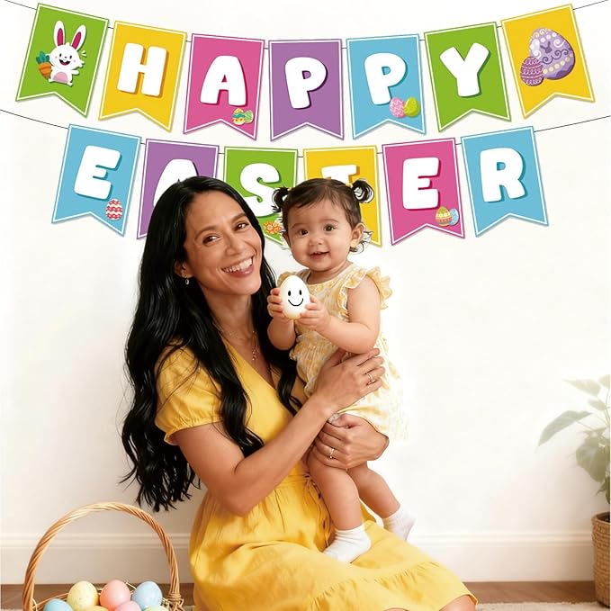 Happy Easter Banner for Easter Party Decorations Indoor Outdoor Egg Bunny Hanging Decor