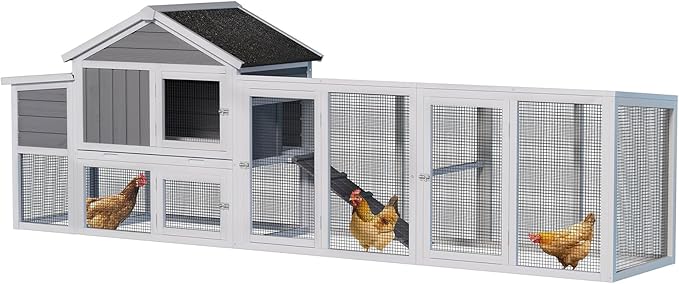 Large Wooden Chicken Coop Outdoor Hen House with Run, Waterproof Roof & Nesting Box, Secure Lock, Removable Tray, Ramp & Perch for 2–4 Chickens or Small Pets (Gray, 113.5")