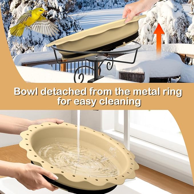 Heated Bird Bath for Deck Railing, Powerful 100W Thermostatically Controlled Heated Bird Baths for Outdoors for Winter, Heated Birdbath Water Heater for Outside Garden Yard Patio Lawn (Khaki)