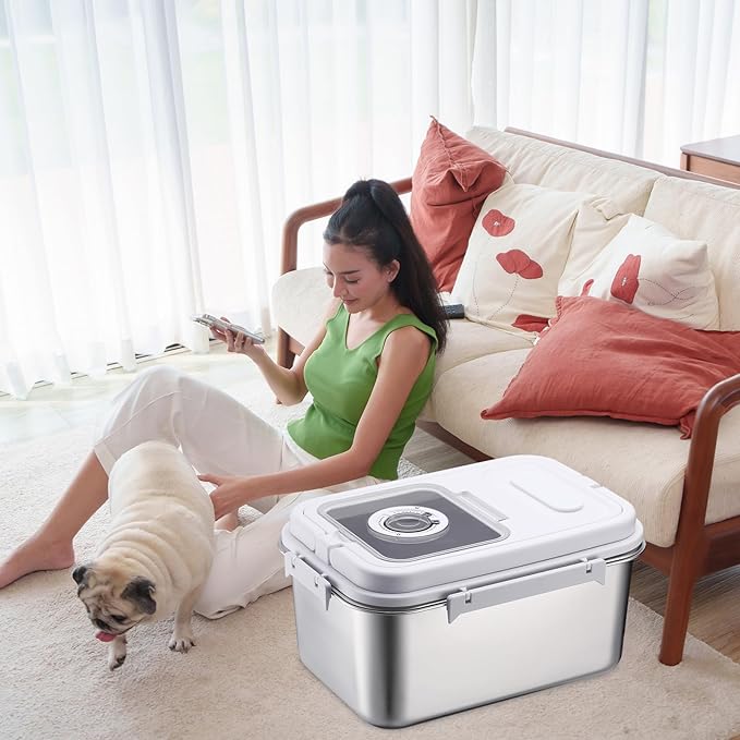 Honeydak 14.76 x 10.4 x 7.28 Inches Stainless Steel Dog Food Storage Container with Silicone Airtight Lid with Scoop Metal Pet Dog Cat Food Storage Container Keep Fresh Easy to Clean