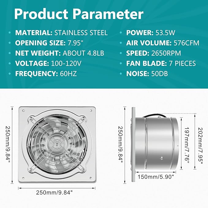 HG Power 8 Inch Kitchen Exhaust Fan, 576CFM Metal Attic Exhaust Fan, Wall Mounted Garage Ventilation Fan, Basement Extractor Fans with Backdraft Damper for Home Office Commercial Use, Silver