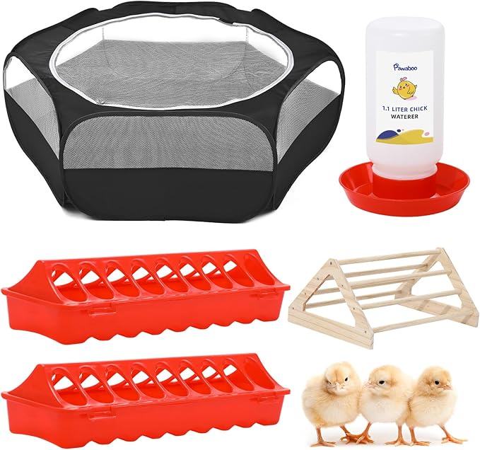 Pawaboo 5-in-1 Chicken Brooder Box for Chick Starter Kit, Includes Pet Cage Tent, Chicks Perch, Chicks Feeder, 1.1L Chick Waterer, Chicken Supplies (Brooder Set), Black