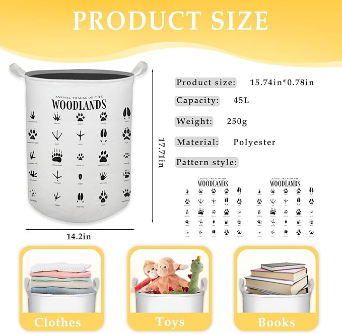 Kids Laundry Basket, Animal Tracks of the Woodlands Laundry Basket Hamper Waterproof Collapsible Storage Bin Organizer for Bedroom Bathroom Boys Girls Kids Nursery Toddler Room Clothes Toys