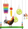 Gejoy 6 Pieces Chicken Toys for Coop Accessries Wooden Stand Mirror with Bells Coop Swing Veggies Fruit Skewer Vegetable Hanging Feeder Chewing Foraging Toys for Chicken