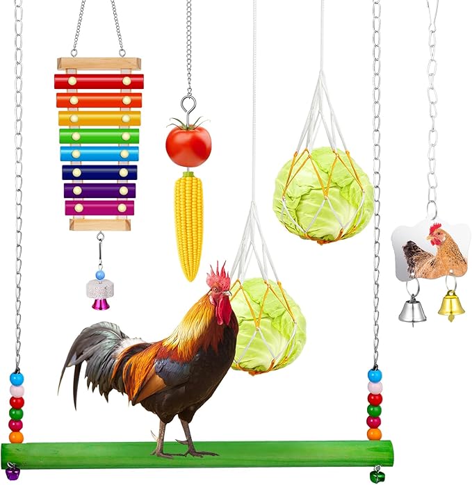 Gejoy 6 Pieces Chicken Toys for Coop Accessries Wooden Stand Mirror with Bells Coop Swing Veggies Fruit Skewer Vegetable Hanging Feeder Chewing Foraging Toys for Chicken