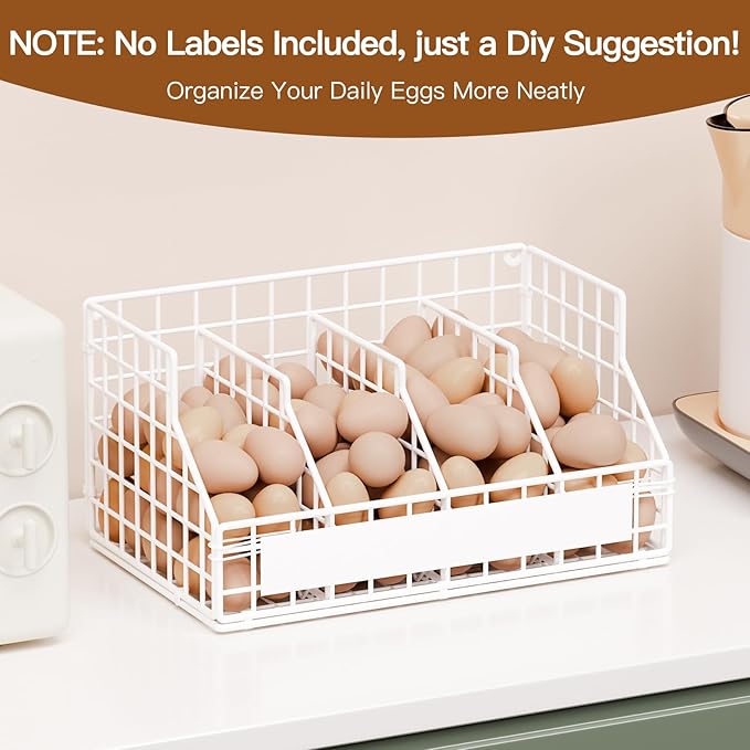 Egg Holder Countertop with 3 Dividers & Labels, 1 Tier Stackable Chicken Egg Baskets for Gathering Fresh Eggs in Small Space, Low Egg Organizer for Storage, Wall-Mounted, White