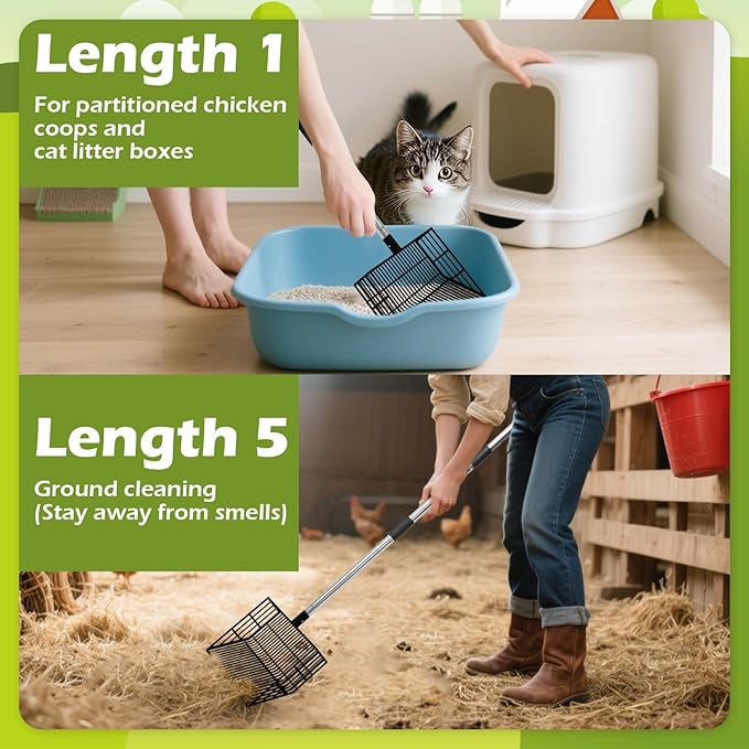 EXPAWLORER Large Chicken Poop Scooper, Adjustable Pet Coop Rake with Stainless Steel Long Handle, Heavy Duty Litter Sifting Sand Sifter Shovel Cleaning Tool Cat Chicken Coop Accessories (22"-68")