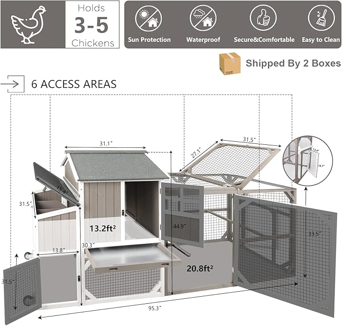 Chicken Coop Mobile Wooden Hen House with Nesting Box,95.3" L Outdoor Chicken House with Wheels and Removable Tray,Fir Wood Chicken Tractor with 6 Ventilation Door and Ramp-Grey